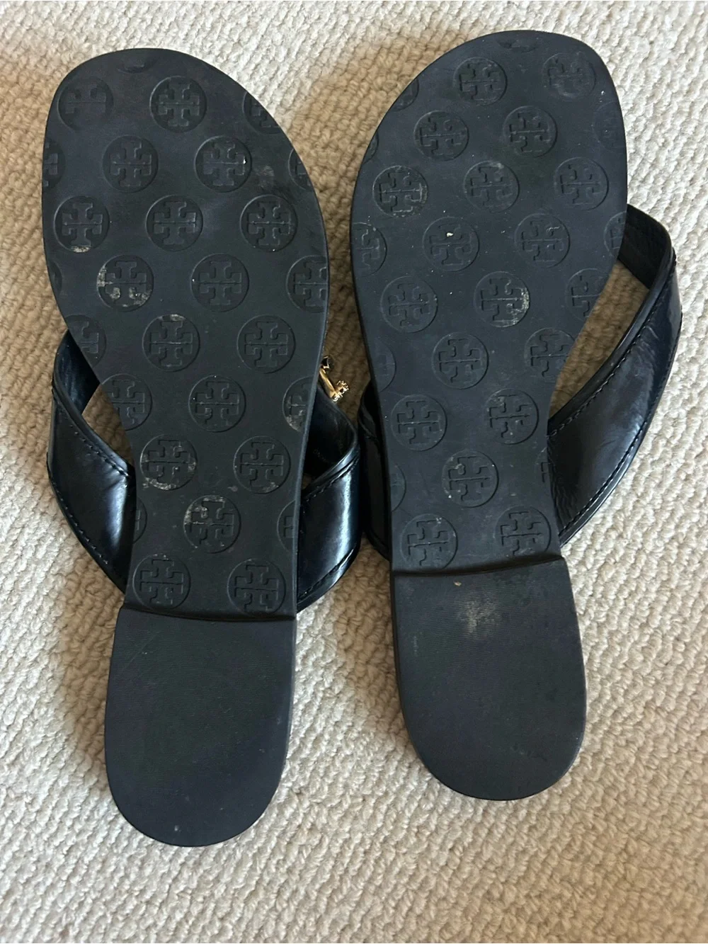 Tory Burch Black Patent Leather Thong Sandals with Gold Accent